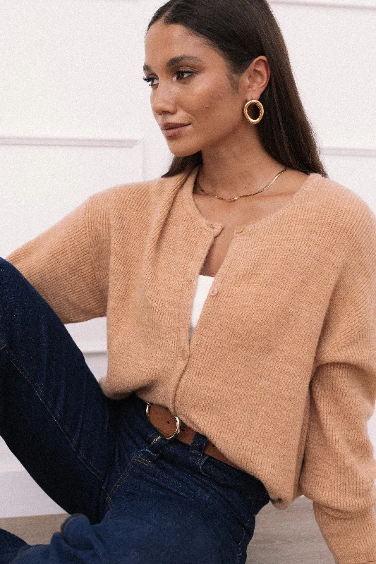 Astor Classic Button Up Cardigan - CaramelScoop Neck Knit Tops