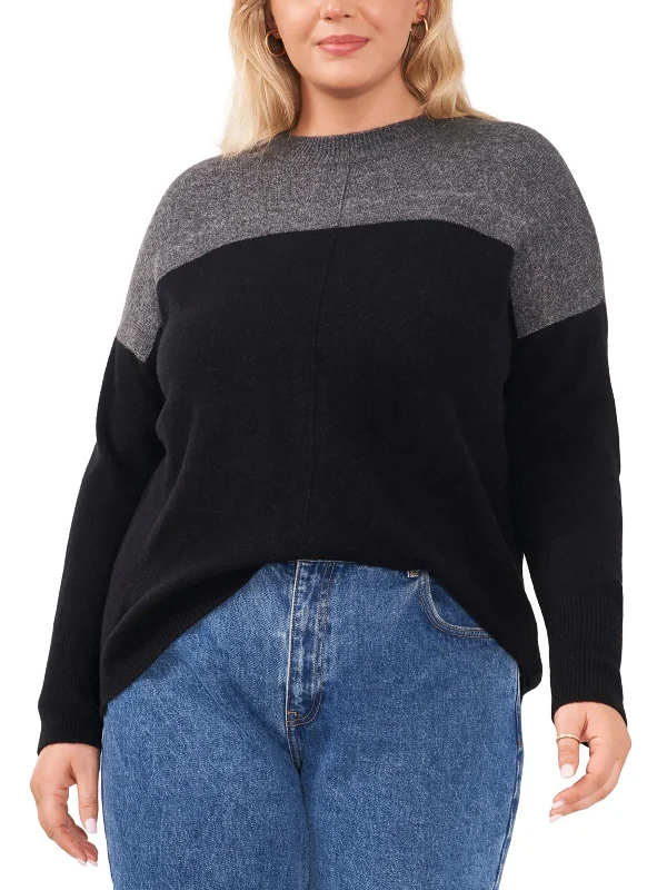 Plus Womens Knit Colorblock Crewneck Sweater