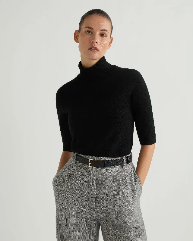 Women's Mock Neck Cashmere T-Shirt BlackRibbed Cuff T-Shirts