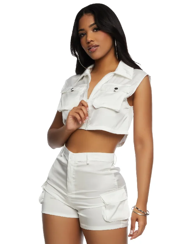 CroptopshirtDaisy Satin Zip Front Crop Top