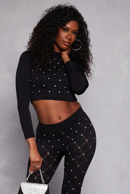 CroptopmobileLaser Cut Detail Rhinestone Seamless Crop Top